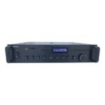 Front view of DNM 8Z100A 4 Stereo Zone Amplifier showing input controls, display panel, and connectivity options