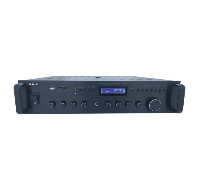 Front view of DNM 8Z100A 4 Stereo Zone Amplifier showing input controls, display panel, and connectivity options