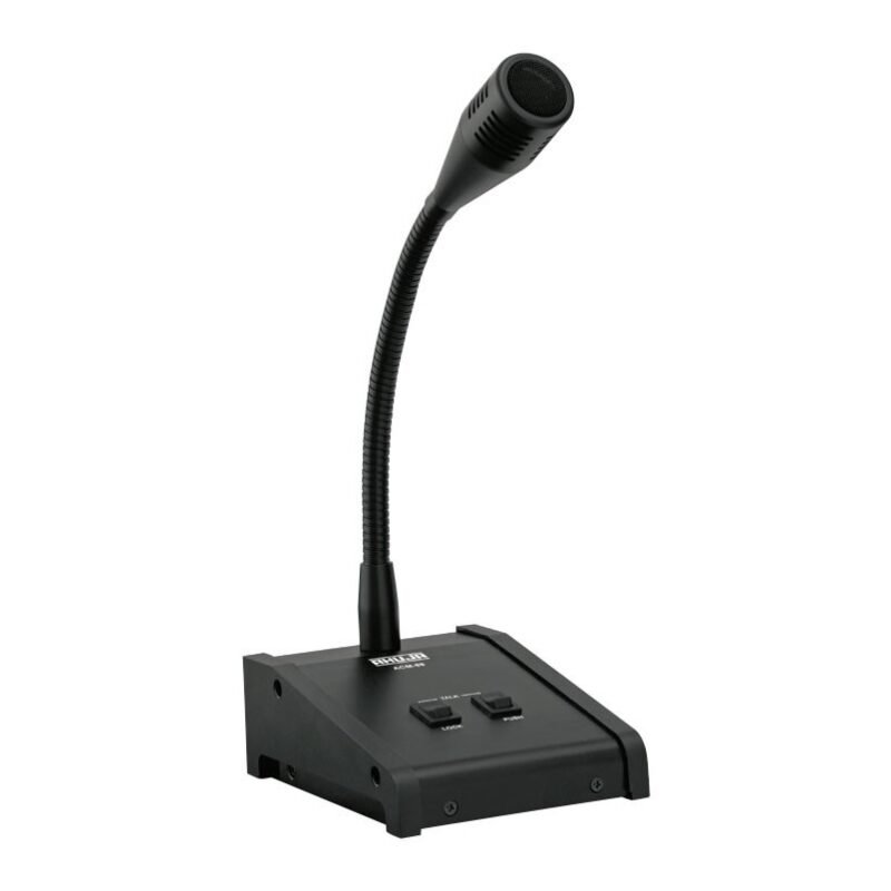 Ahuja ACM-88 Paging Microphone, featuring a flexible gooseneck with a microphone head and a square base with two control switches labelled LOCK and PUSH for talk.