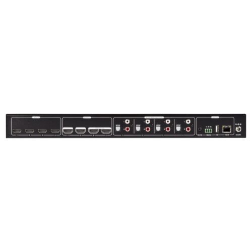 Black Box AVS-HDMI2-4X4-R2 HDMI matrix switch with 4x4 input-output configuration, 4K video support, EDID management, and SPDIF audio ports, ideal for professional AV applications.