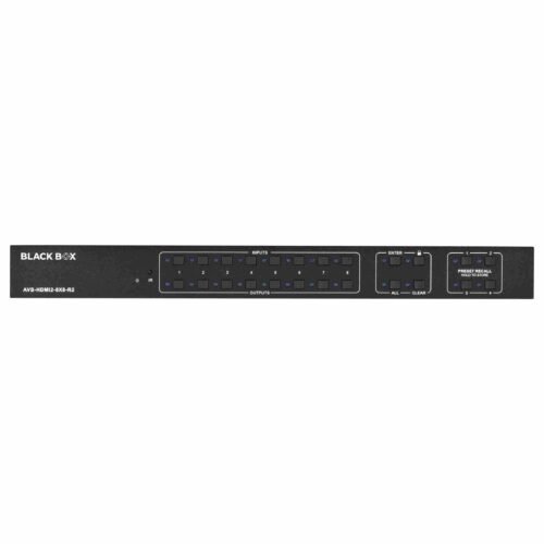 Black Box AVS-HDMI2-8X8-R2 4K HDMI Matrix Switcher with front panel buttons, LCD display, and multiple HDMI and SPDIF ports for professional AV setups.