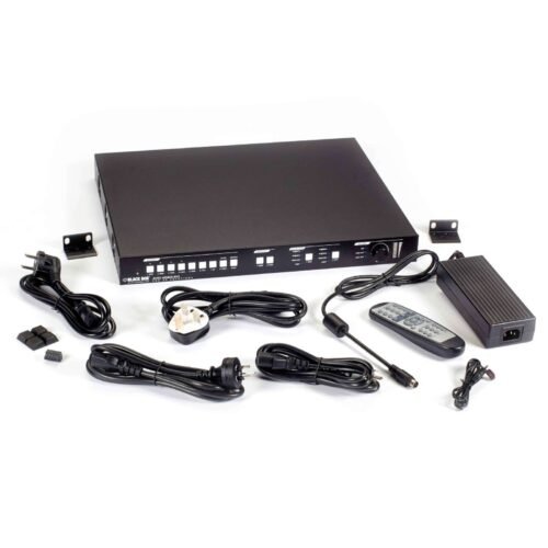 Black Box AVSC-HDMI2-8X2 8x2 HDMI video matrix switcher with multiple input and output options, supporting 4K resolution, PoC technology, and advanced AV system integration for meeting rooms, classrooms, and presentation spaces.