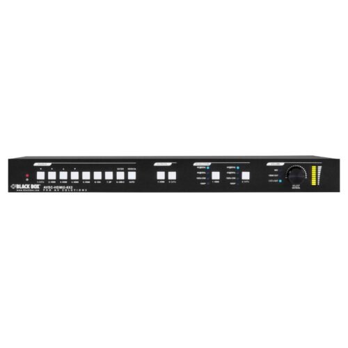 Black Box AVSC-HDMI2-8X2 8x2 HDMI video matrix switcher with multiple input and output options, supporting 4K resolution, PoC technology, and advanced AV system integration for meeting rooms, classrooms, and presentation spaces.