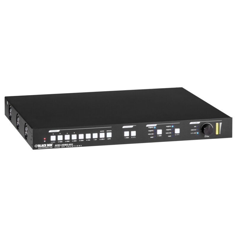 Black Box AVSC-HDMI2-8X2 8x2 HDMI video matrix switcher with multiple input and output options, supporting 4K resolution, PoC technology, and advanced AV system integration for meeting rooms, classrooms, and presentation spaces.