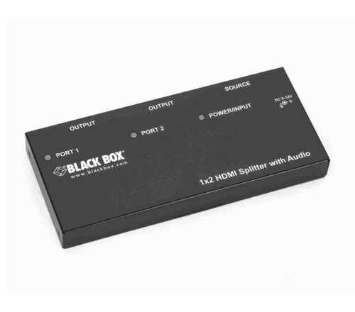 Black Box AVSP-HDMI1X2 HDMI splitter with audio, showcasing input/output ports and user-friendly design, ideal for high-definition AV distribution.
