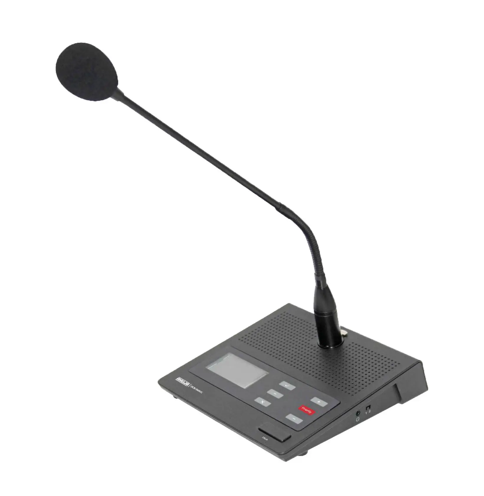 AHUJA DCS-9100C Digital Chairman Unit, showing the gooseneck microphone, small LED screen, a Talk Button, mute button, volume increase and decrease buttons, power button and a type-c port.