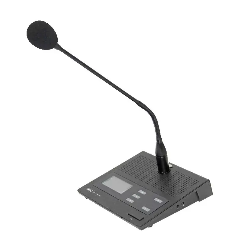 AHUJA DCS-9200D Digital Delegate Unit, showing the gooseneck microphone, small LED screen, a Talk Button, mute button, volume increase and decrease buttons, power button and a type-c port