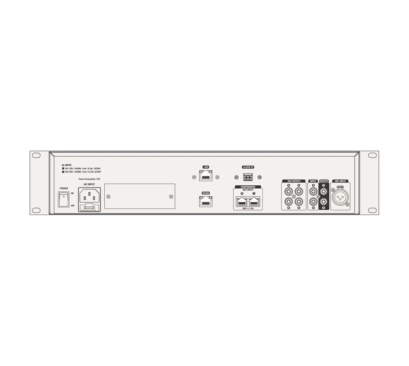 AHUJA DCS-9300M Control Unit rear panel. Shows Ethernet, RS485, RCA Audio I/O, XLR Interpretation Mic Input, Alarm Input, and RJ-45 conference daisy chain ports. Power Button, AC Input port, 2 Conference mic input, Recording output.