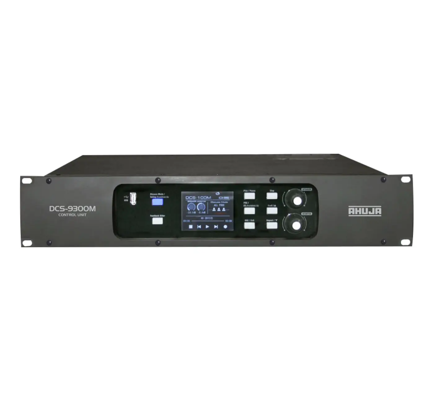 AHUJA DCS-9300M Digital Conference Control Unit, rack-mountable, front panel showing LCD screen, control knobs, function buttons, and USB port.