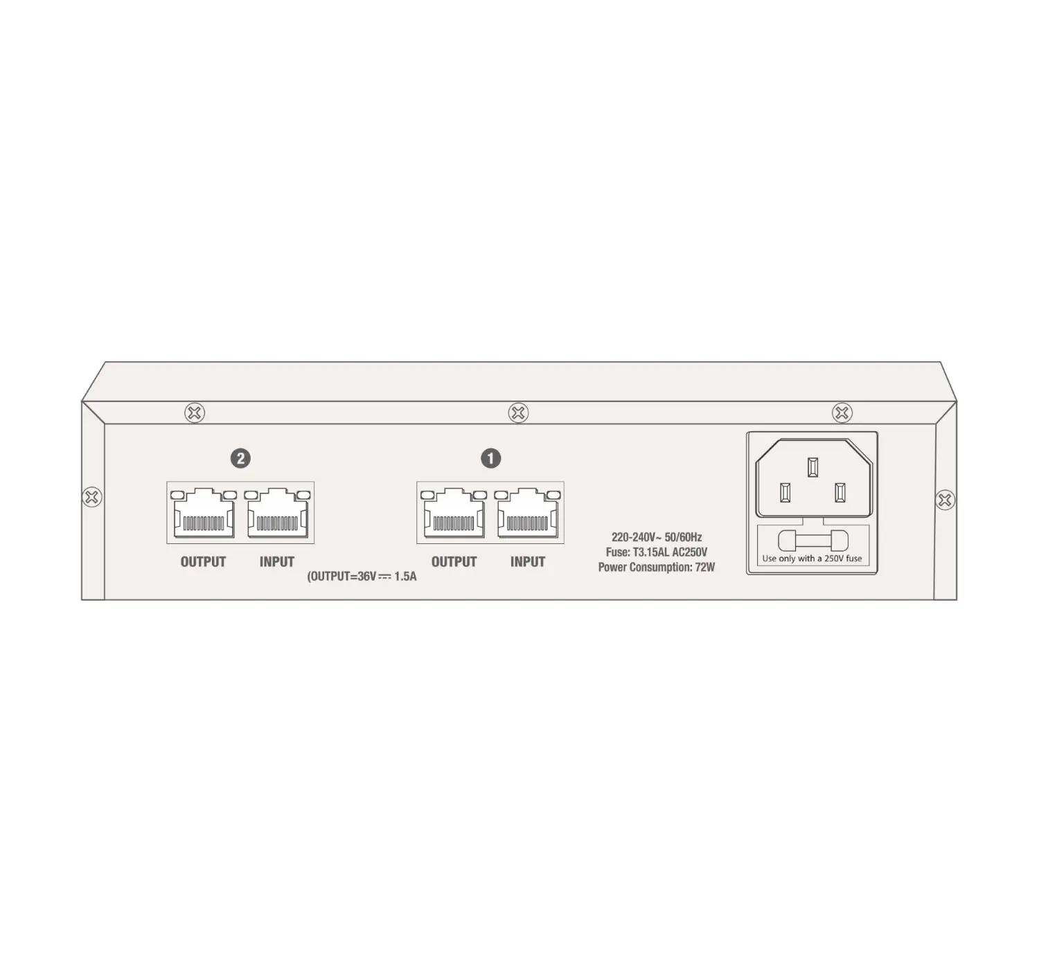 AHUJA DCS-9400E Expansion Unit rear panel. Shows input and output RJ-45 ports for conference unit daisy chain connections.
