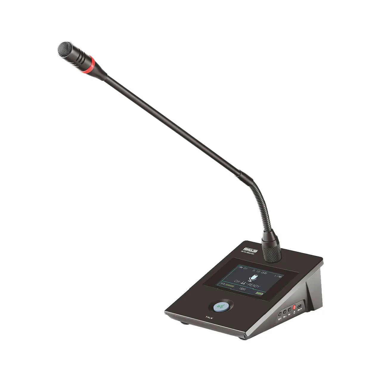 AHUJA DCS-9200D Digital Delegate Unit, showing the gooseneck microphone, small LED screen, a Talk Button, mute button, volume increase and decrease buttons, power button and a type-c port