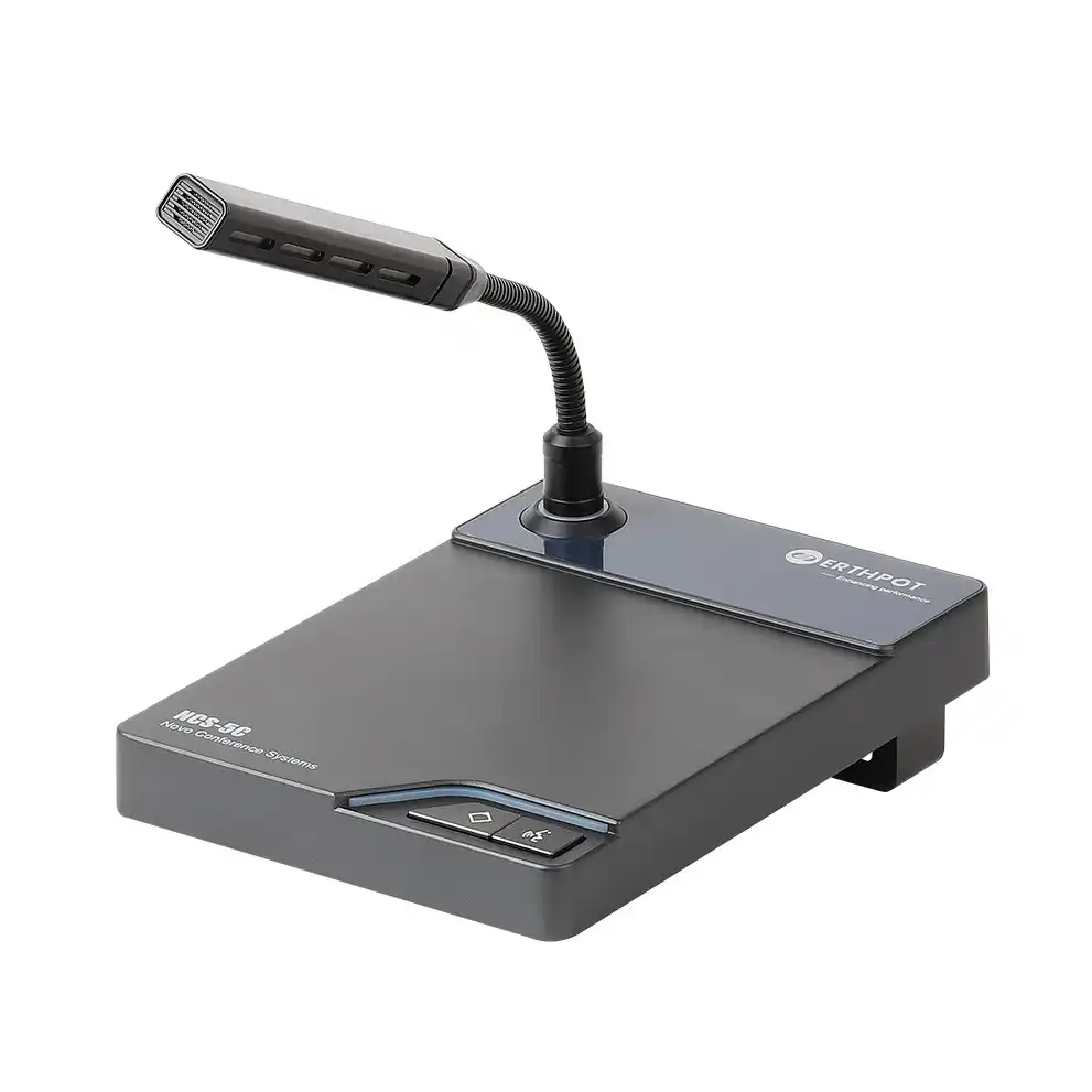 Profile view of the Erthpot NCS-5C chairman microphone unit highlighting the 218mm flexible gooseneck height and the durable metallic chassis designed for stable desktop placement in executive boardrooms.