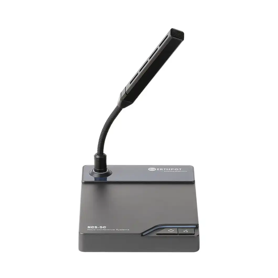 Front view of the Erthpot NCS-5C Chairman Unit featuring a high-sensitivity cardioid gooseneck microphone, professional aluminum die-cast base, and dedicated hardware buttons for talk/mute and priority meeting override.