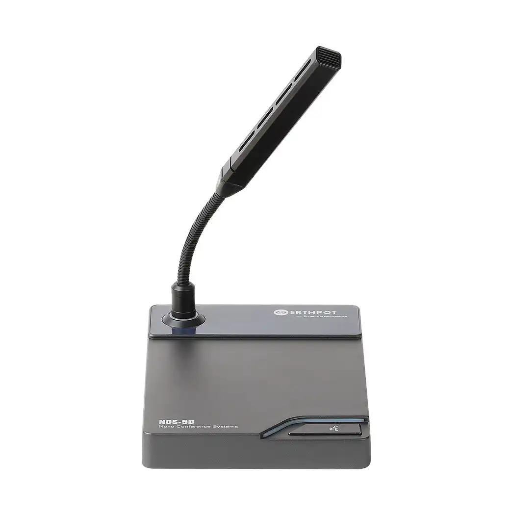 Front view of the Erthpot NCS-5D Delegate Unit featuring a high-sensitivity shotgun microphone, cardioid capsule, and a professional aluminum alloy die-cast base with an integrated talk button