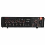 Front view of JBL Libra 300 Mixer Amplifier featuring control knobs, mutliple input, usb ports, buttons and sleek industrial design