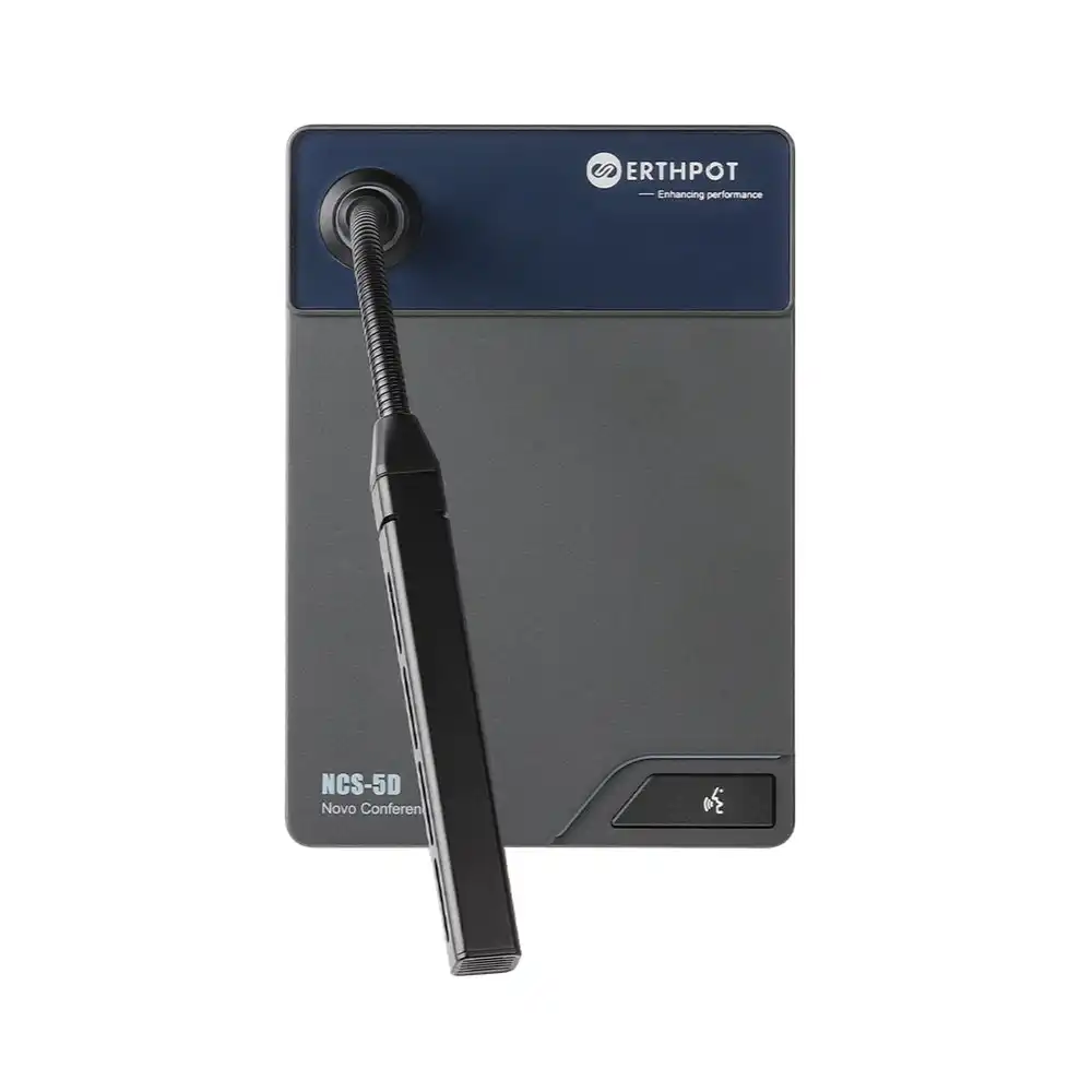 Overhead view of the Erthpot NCS-5D desktop microphone showing the 147mm x 115mm compact footprint, ergonomic button placement, and the sleek metallic finish of the Novo Conference System delegate station.