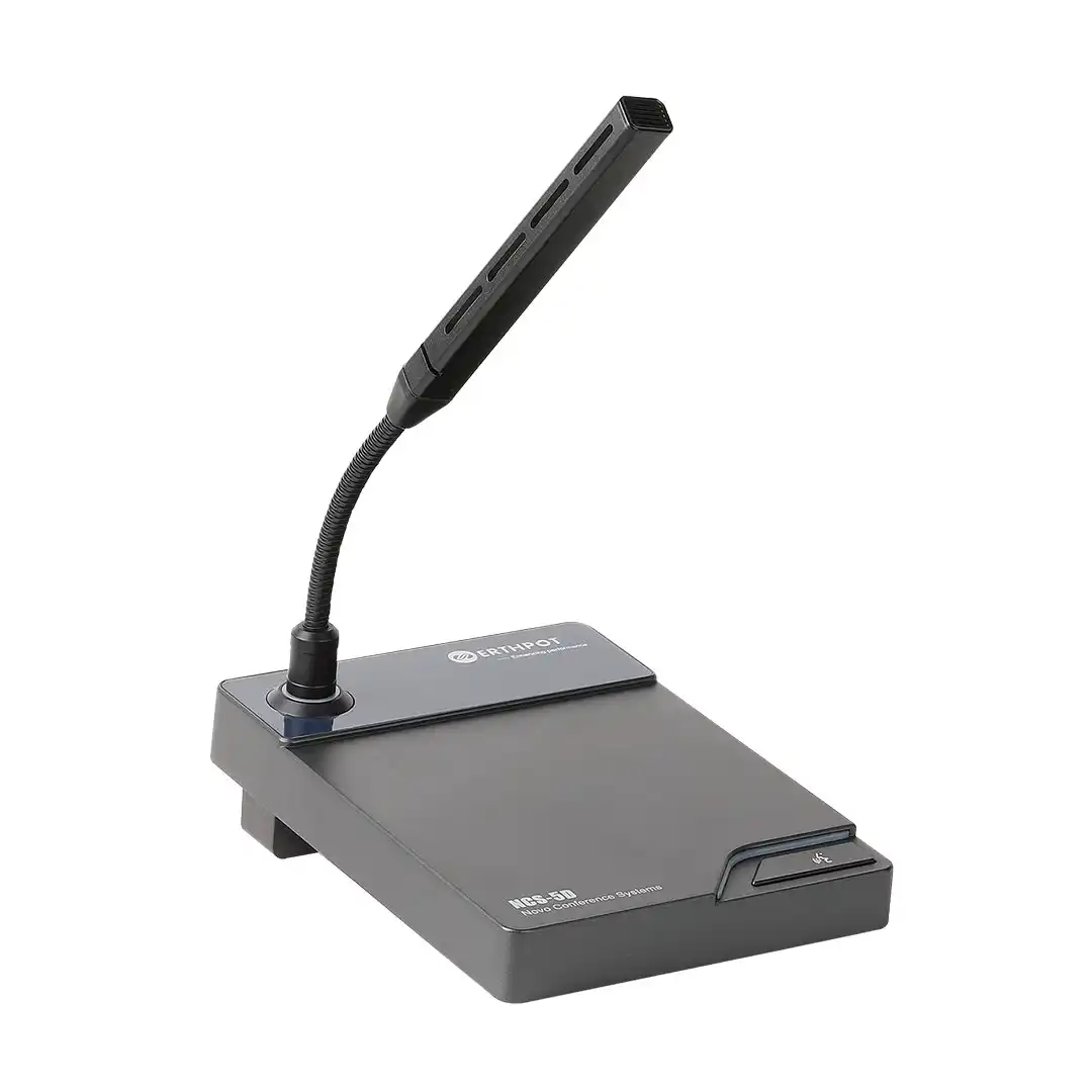 Side view of Erthpot NCS-5D delegate unit highlighting the flexible shotgun-style gooseneck height of 218mm and the stable, weighted die-cast metal base designed for permanent boardroom installations.