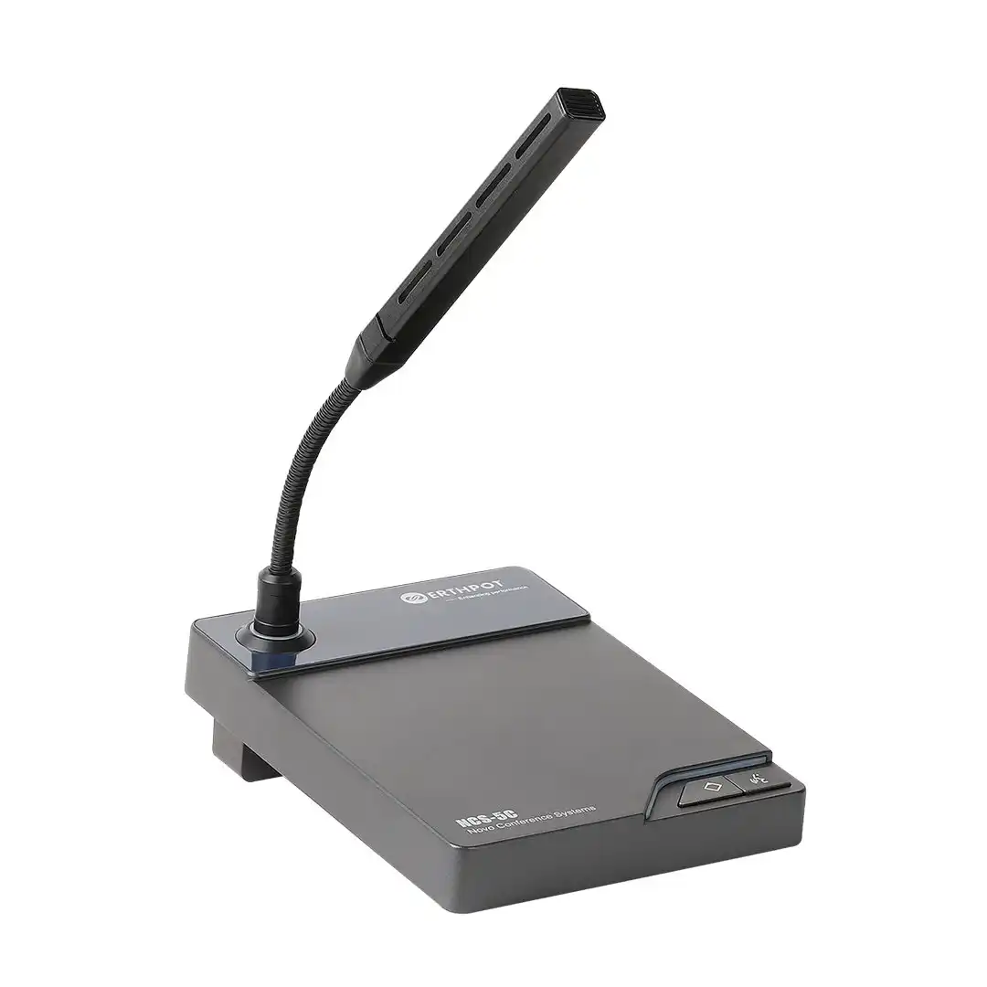 Profile view of the Erthpot NCS-5C chairman microphone unit highlighting the 218mm flexible gooseneck height and the durable metallic chassis designed for stable desktop placement in executive boardrooms.