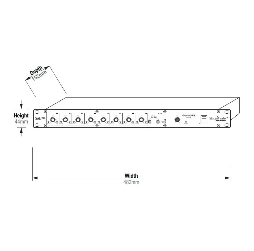 Technical drawing showing Studiomaster Vāk 20 dimensions: 482mm width, 152mm depth, and 44mm height for standard 19-inch rack installation.