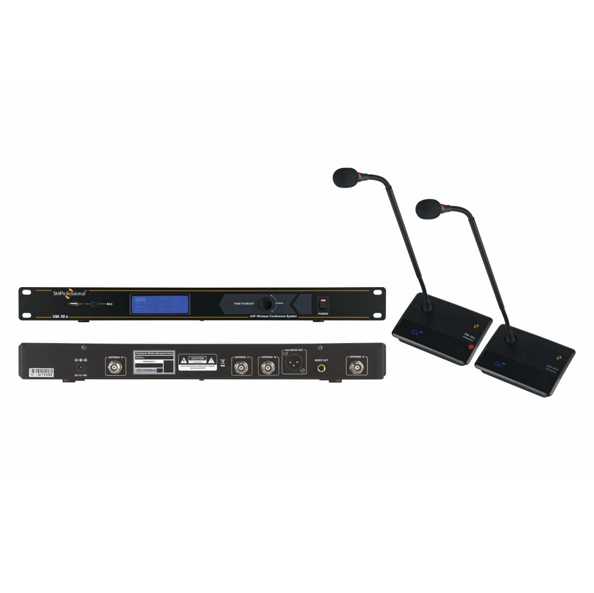 Studiomaster wireless conference system - Vāk 30.S Controller with Vāk 30.C Chairman and Vāk 30.D Delegate units.