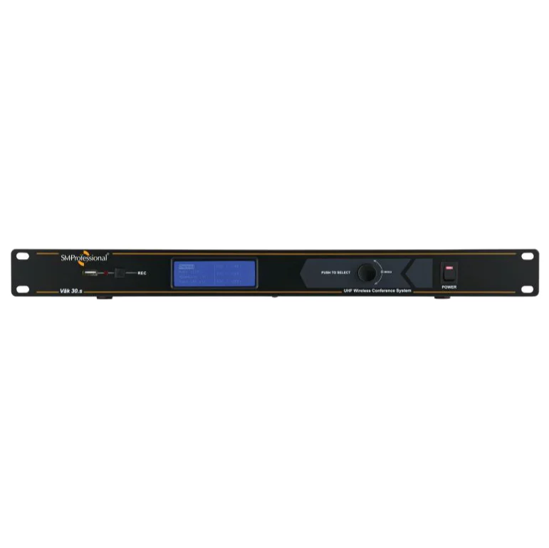 Studiomaster Vāk 30.S Wireless Conference System Central Controller – Front View showing LCD Display