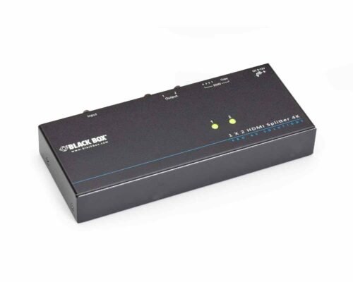 Black Box VSP-HDMI1X2-4K: 4K HDMI Splitter, side view. Shows 2 LED indicators
