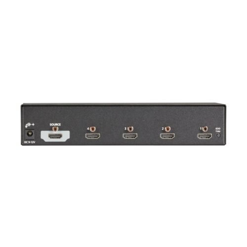 Rear panel of Black Box VSP-HDMI1X4-4K showing HDMI input, output ports, and power connection.