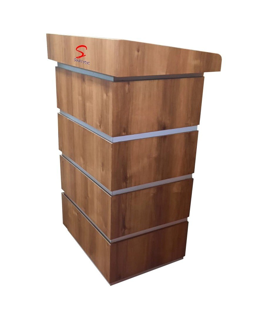 Side view of Laminated Wooden Podium Stand with broad top & 3 shelves for storage