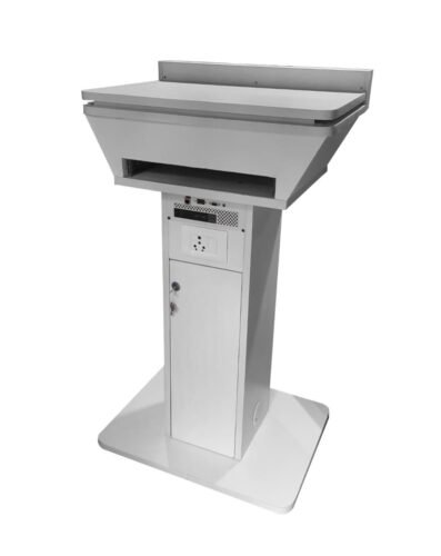 back view of Stylish White Laminated Digital Wooden Podium with sliding top