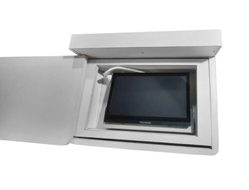 top view of Stylish White Laminated Digital Wooden Podium showing touch screen