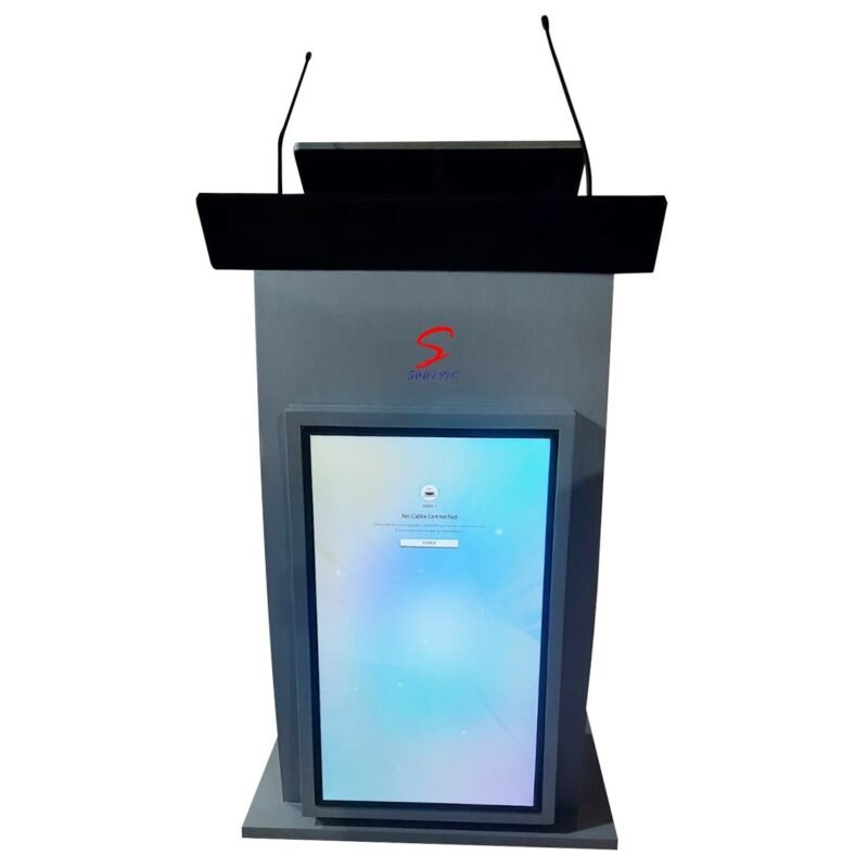 Digital Display Podium Stand (SIL-521) with Inbuilt 21.5" Multi touch screen monitor with Motorized tilting facility, CPU, 32" Commercial Digital signage monitor on front side AV Connectivity, 2 Gooseneck Microphones Supporting Cables and connectors.