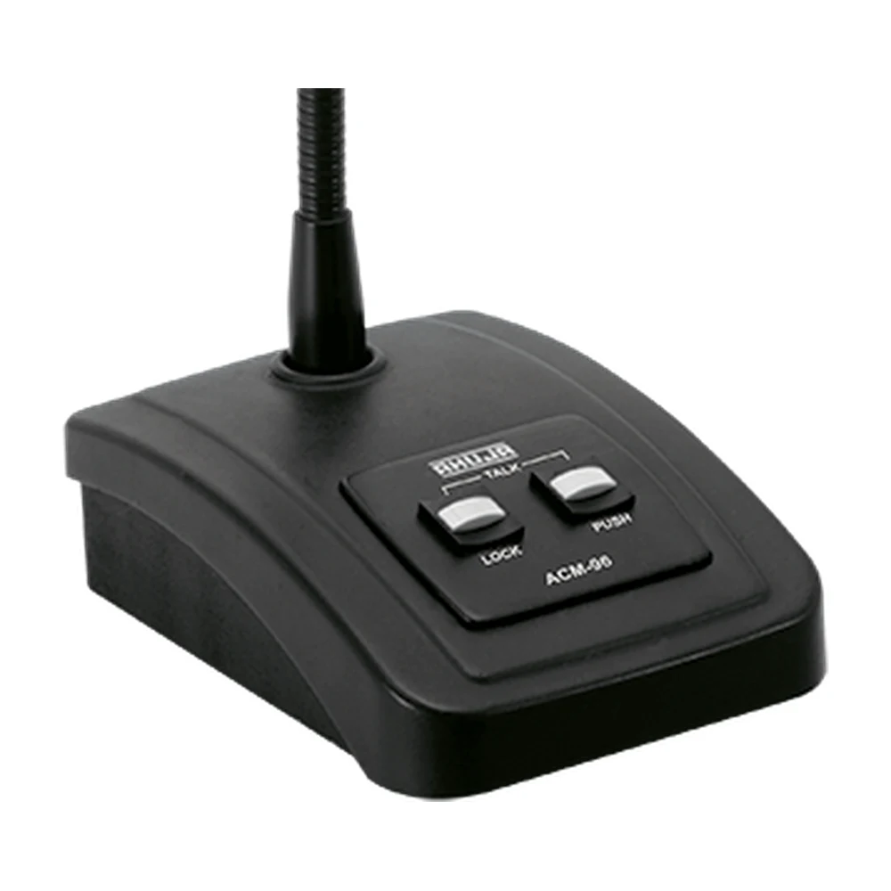 Ahuja ACM-96 weighted aluminium die-cast base showing TALK LOCK toggle, PUSH momentary switch, and status LED