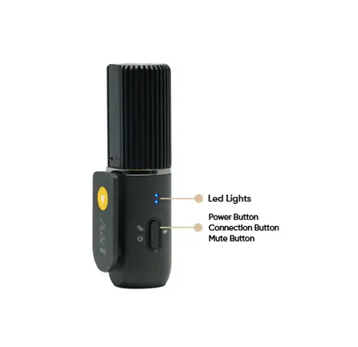 LED Light indicator, Power Button, Connection Button, and Mute button of A&T AIR Pro Wireless Microphone