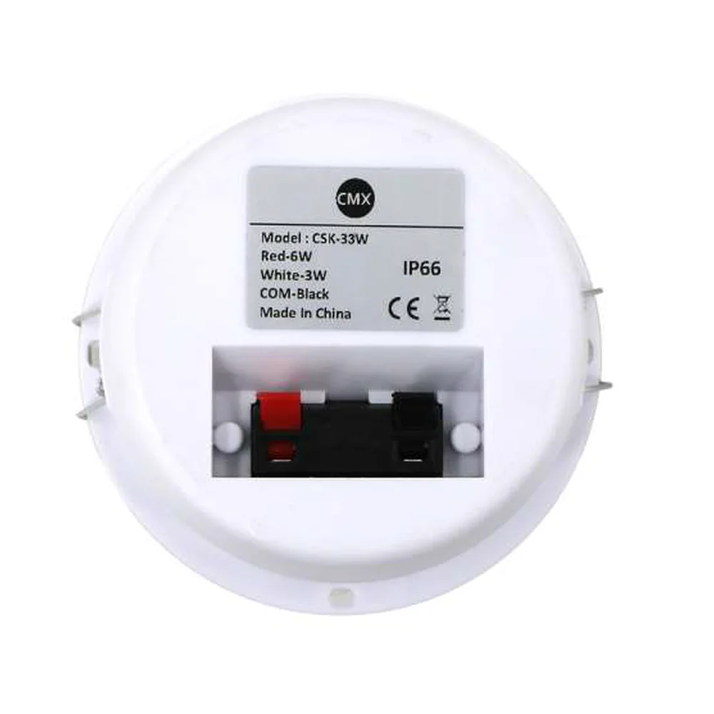 CMX CSK-33W 3 inch waterproof ceiling speaker rear view showing spring clips and push terminals