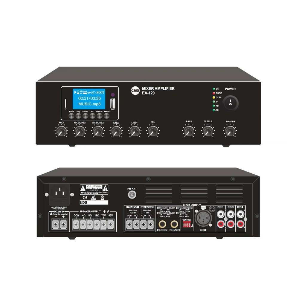 CMX EA-120 120W commercial mixer amplifier with Bluetooth USB FM radio hero 3D angle view