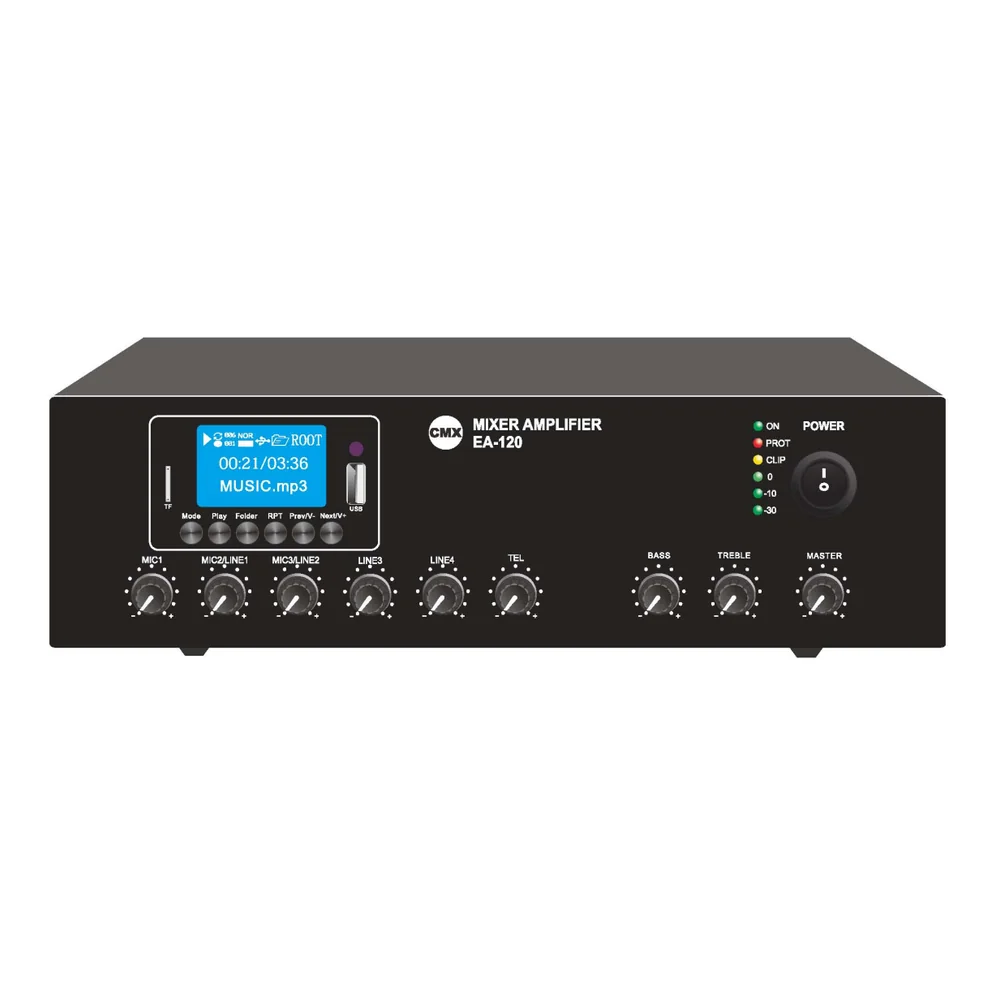 CMX EA-120 compact tabletop mixer amplifier front panel with media player and rotary volume controls