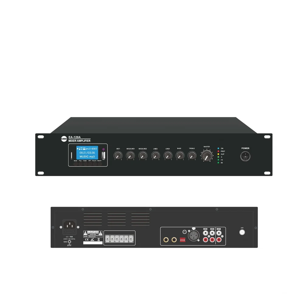 CMX EA-120A 120W commercial 19-inch rack mount mixer amplifier with Bluetooth USB FM hero 3D angle view
