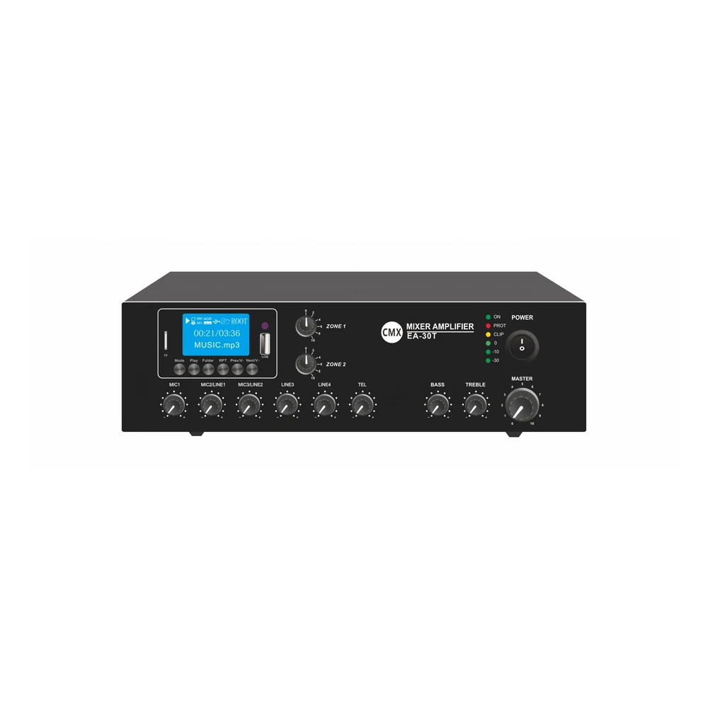 CMX EA-120T 120W 2-Zone Commercial Mixer Amplifier Front Panel with MP3 Bluetooth Controls