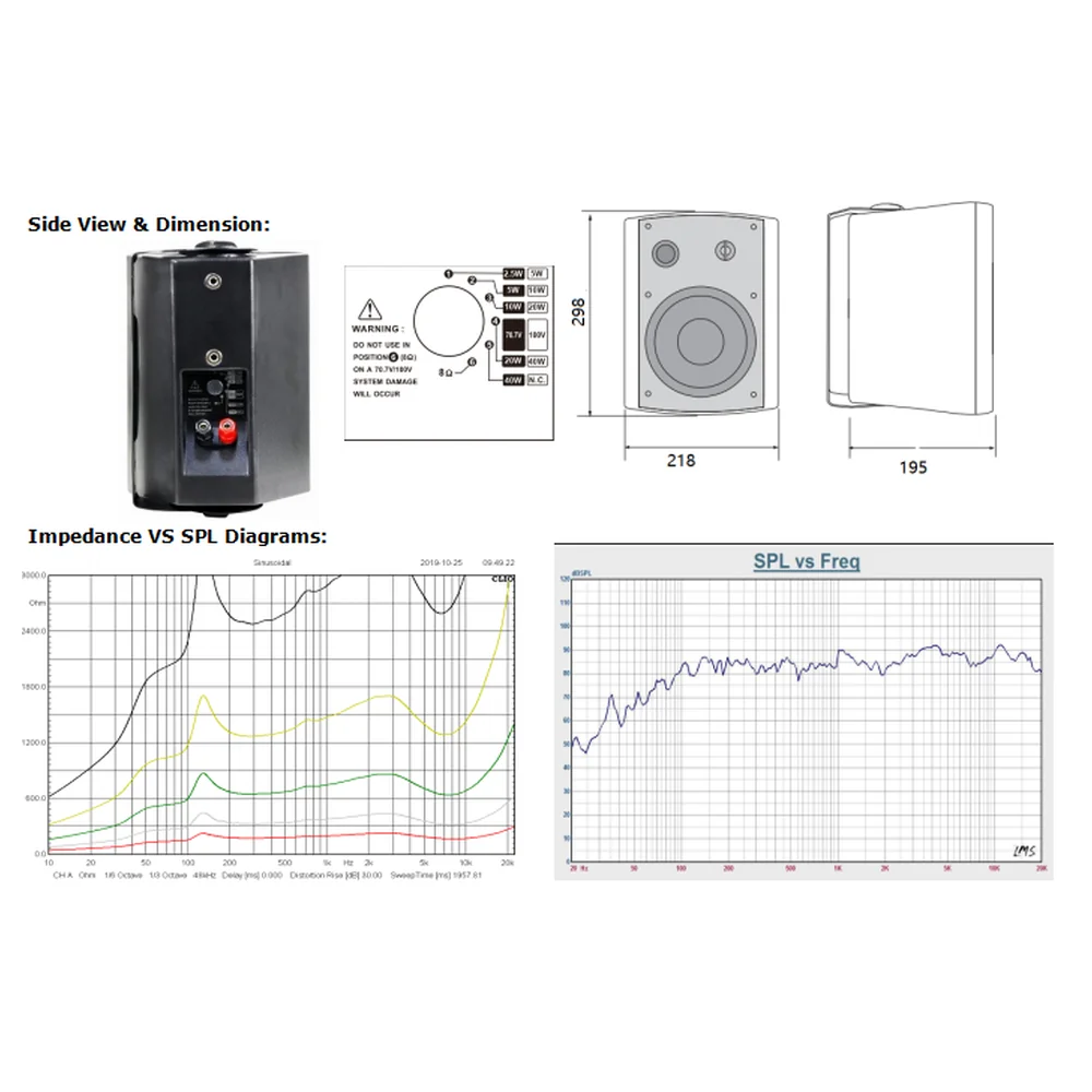 CMX WSK-640CS 6.5-inch 2-way wall mount speaker dimensions rear panel and impedance vs SPL frequency diagrams