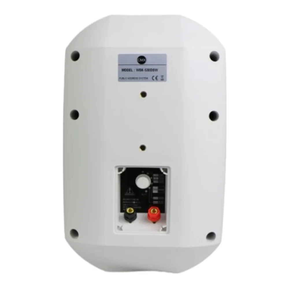 CMX WSK-640DSW 6.5-inch wall mount speaker rear panel in white finish showing rotary tap selector and binding posts