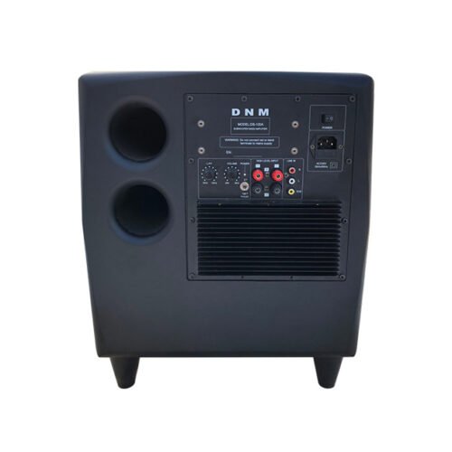 Rear panel of DNM Pace Diamond 12 Subwoofer displaying input/output ports, crossover and volume controls
