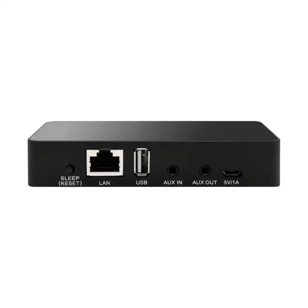 DSPPA DW01 streamer featuring sleep button, ports for LAN RJ45, USB host, 3.5mm AUX input/output, and Micro USB power port.
