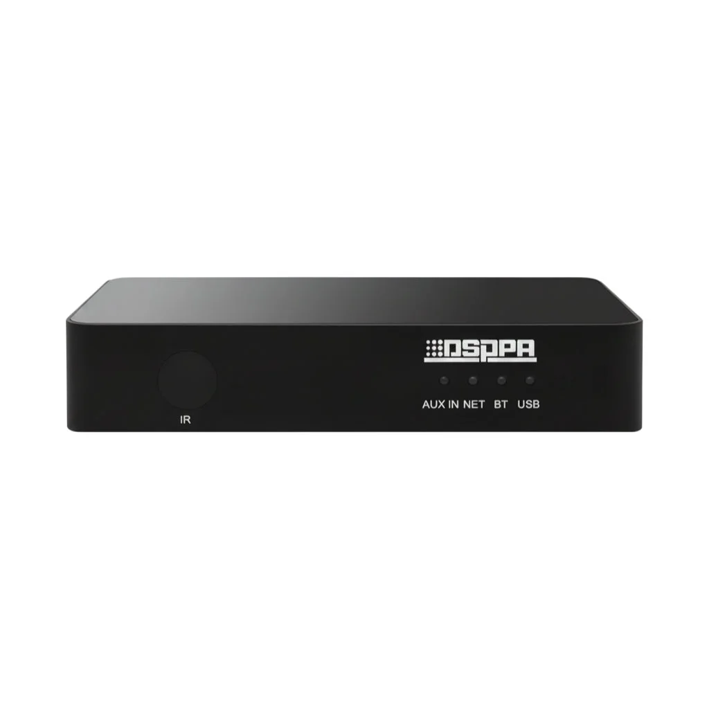 Front panel of DSPPA DW01 WiFi Intelligent Audio Streamer showing the IR receiver and mode LED indicators for AUX, NET, BT, and USB.