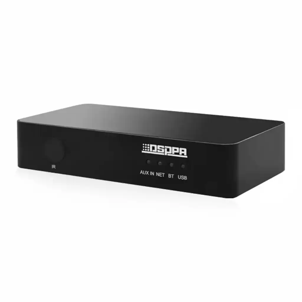 side profile of DSPPA DW01 wireless audio streamer highlighting its low-profile design for seamless multiroom audio integration.