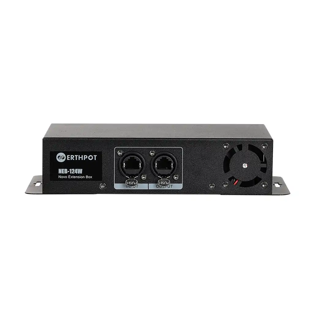 Erthpot NEB-124W Extension Box front panel featuring the Erthpot logo and dual-RJ45 port for the Novo Conference System.