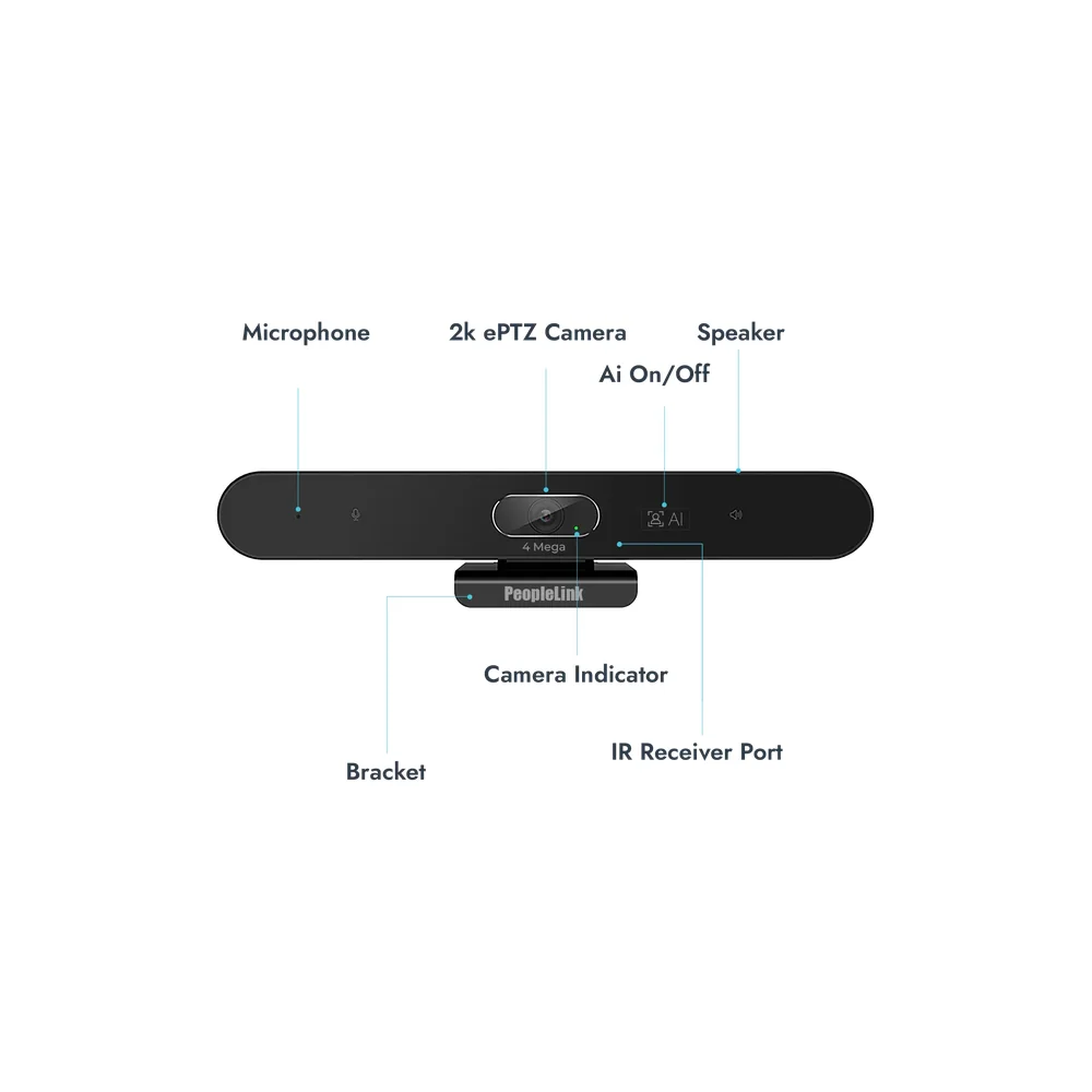 PeopleLink i20 Plus videobar mounted on display bezel for huddle rooms