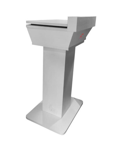 side view of Stylish White Laminated Digital Wooden Podium with sliding top